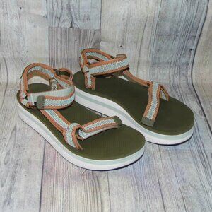 TEVA Flatform Universal Mesh Print Dark Olive/Sea Foam Platform Sandals Size 10